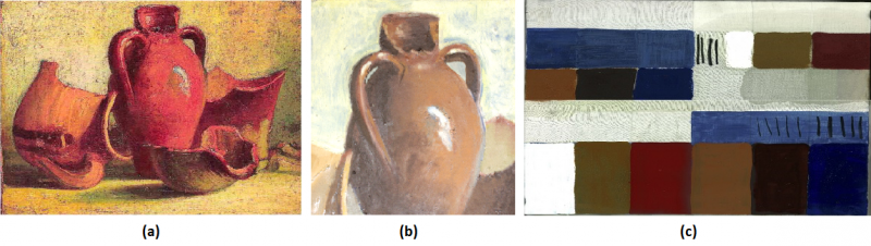 (a) Bodegón original. (b) Reproducción realizada para los tests y pruebas de validación. (c) Muestras de distintos pigmentos encontrados en el cuadro para su análisis por medio del escáner de terahercios. Imagen: Insidde