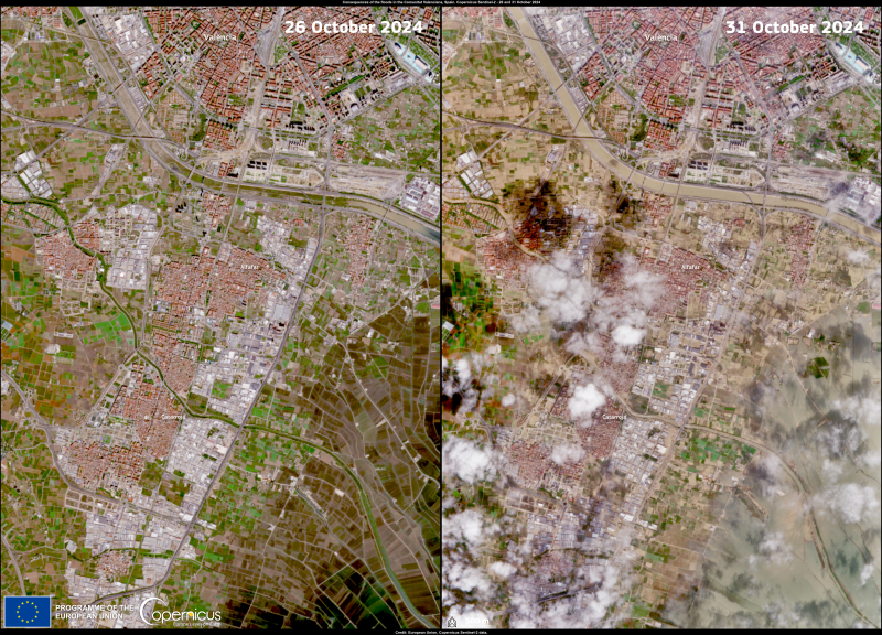 Imágenes por satélite del sur de Valencia capturadas antes y después de las devastadoras inundaciones del 29 de octubre. /  European Union, Copernicus Sentinel-2 imagery