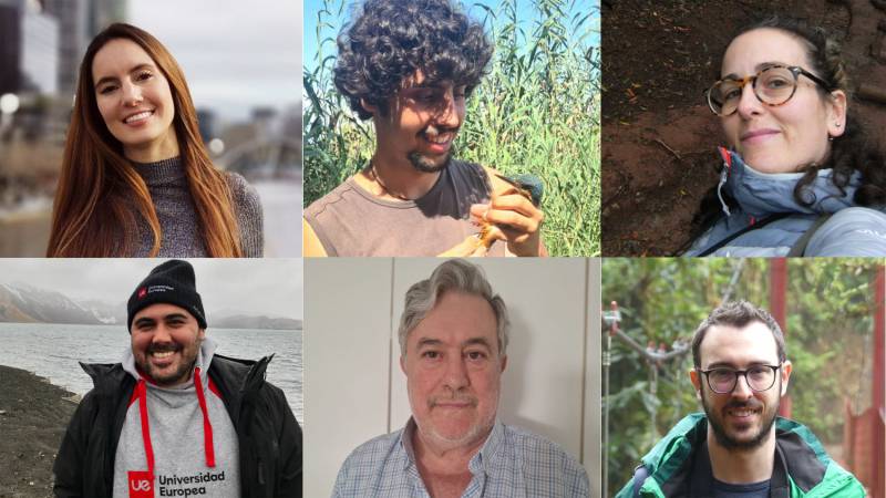 (De izquierda a derecha). María José Espinoza, Iván Labiada, Aina Taberner. Debajo: Álvaro Luna, José A. Gil Delgado, Edgar Bernat-Ponce. / UV