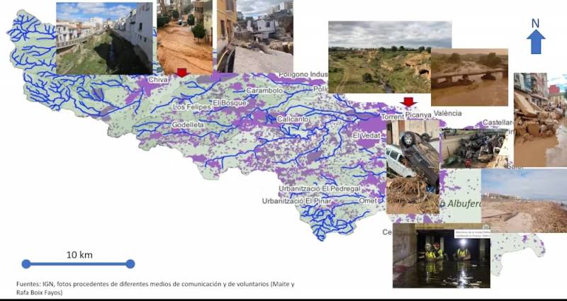 Daños en distintas partes de la cuenca tras la dana del 29 de octubre (fotos) y superficies impermeabilizadas (en violeta). / Los autores, a partir de datos del IGN, fotos de los medios de comunicación y de voluntarios (Rafael y Maite Boix Fayos), CC BY-SA