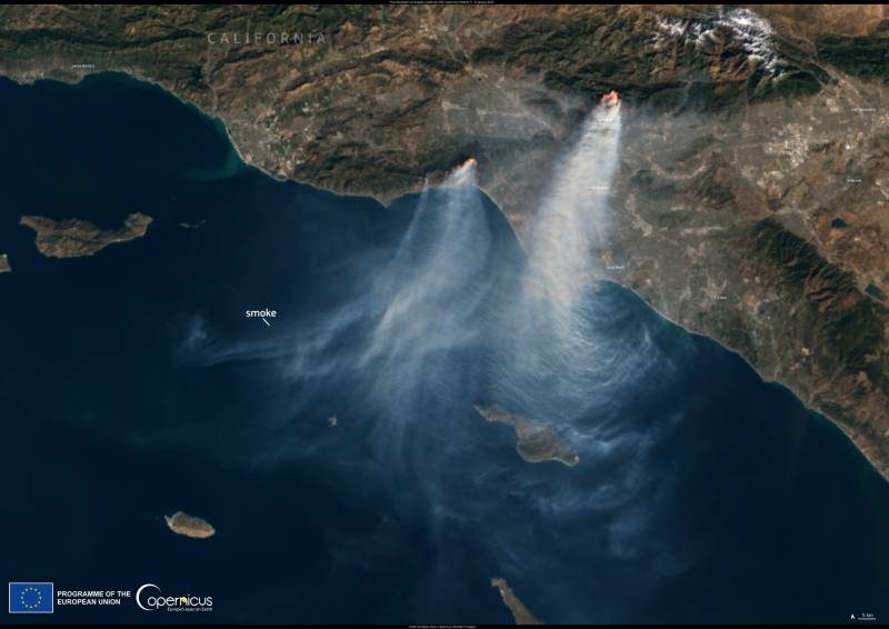 Imagen de Sentinel-3 de Copernicus, tomada el 9 de enero de 2025, se pueden ver los incendios forestales que arden en Los Ángeles. / Copernicus