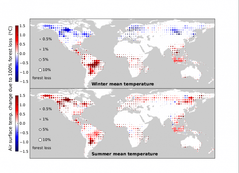 Mapa de las áreas afectadas en la década 2003-2012. Los dos paneles se refieren a la temperatura de invierno y verano, respectivamente / Alessandro Cescatti