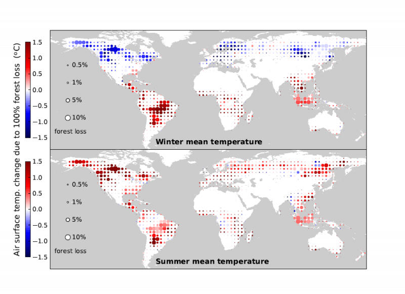 Mapa de las áreas afectadas en la década 2003-2012. Los dos paneles se refieren a la temperatura de invierno y verano, respectivamente / Alessandro Cescatti