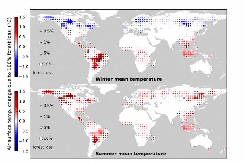 Mapa de las áreas afectadas en la década 2003-2012. Los dos paneles se refieren a la temperatura de invierno y verano, respectivamente / Alessandro Cescatti