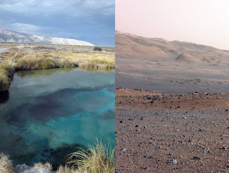 A la izquierda, Cuatro Ciénagas y a la derecha la zona por donde explora el Curiosity. Imagen: Luis Eguiarte / NASA