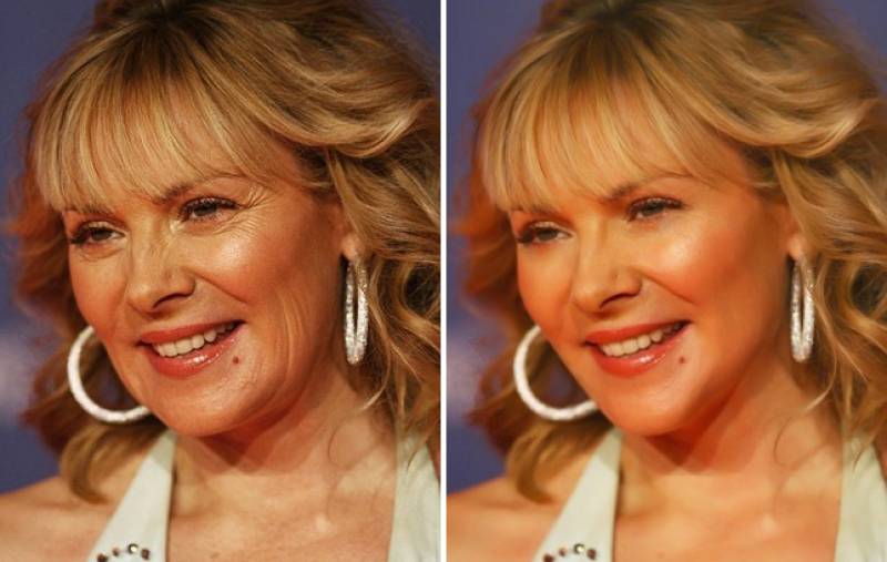 La actriz Kim Cattrall antes y después de un retoque fotográfico