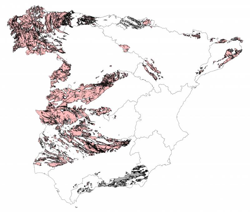 En las zonas rosas, el 10% de los edificios presenta concentraciones de radón superiores a 300 Bq/m3. Las grises están pendientes de clasificación. / UNED-CSN.