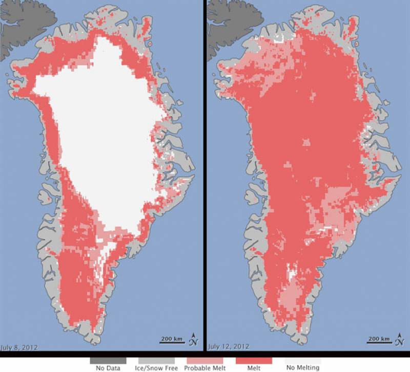 El deshielo se ha producido, en distintos grados, hasta en las zonas más altas y frías de la isla. Imagen: NASA 