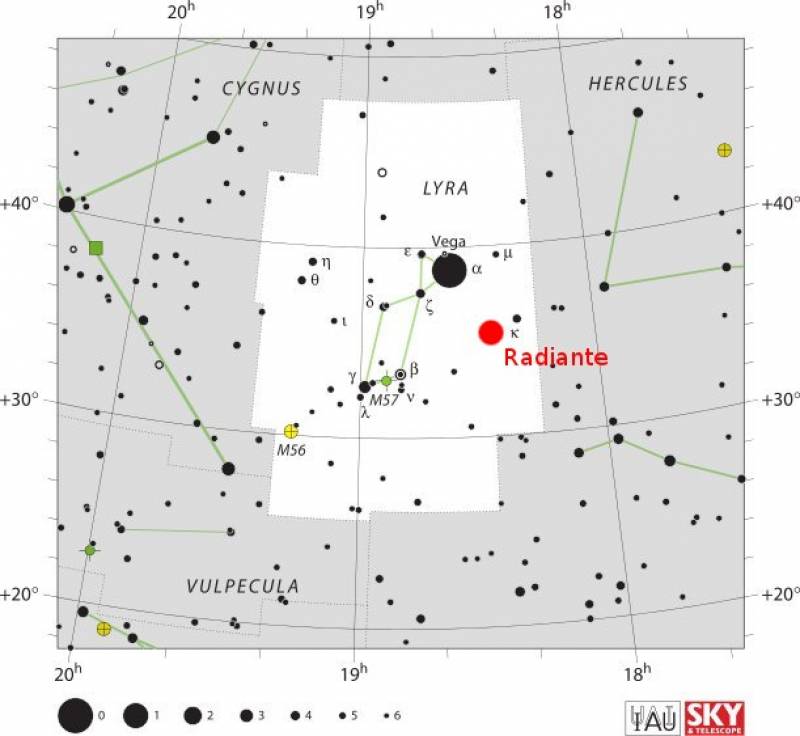 Hay que mirar alrededor de  la 'radiante' de las Líridas. Imagen: IAU, Sky & Telescope, R. Sinnott, R. Fienberg.  