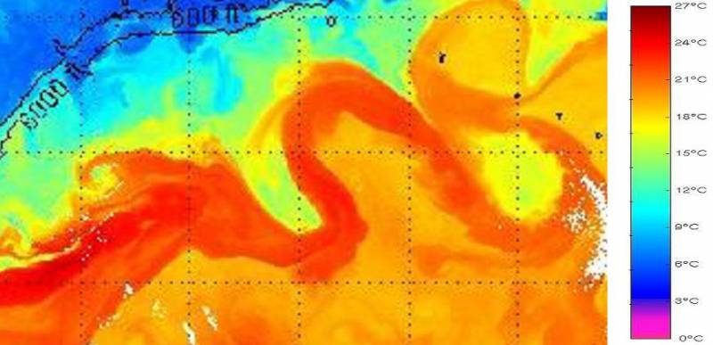 En la imagen, mapa con la temperatura del mar en distintos colores.