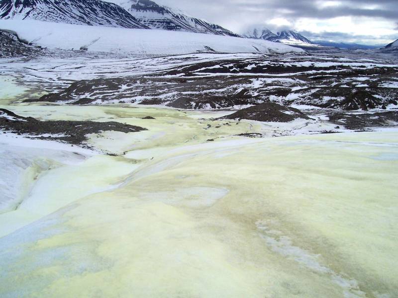 Emanaciones sulfurosas amarillas en el Paso del Fiordo Borup (Canadá). Imagen: D. Gleeson. 