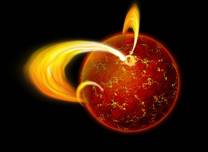 Ilustración de un ‘estrellamoto’ con la fractura de la corteza y la erupción de plasma al exterior. / NASA, CXC, M.Weiss