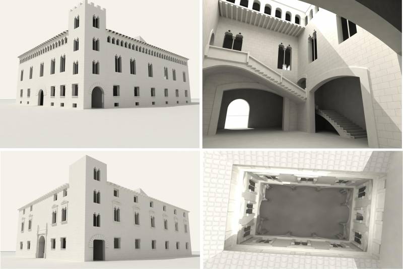 El palacio gótico (arriba) del Embajador Vich en Valencia se transformó en otro renacentista (abajo). El patio también cambió de estilo. / Mercedes Galiana.