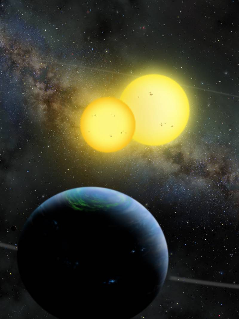 Ilustración de un planeta orbitando alrededor de un sistema con dos soles.