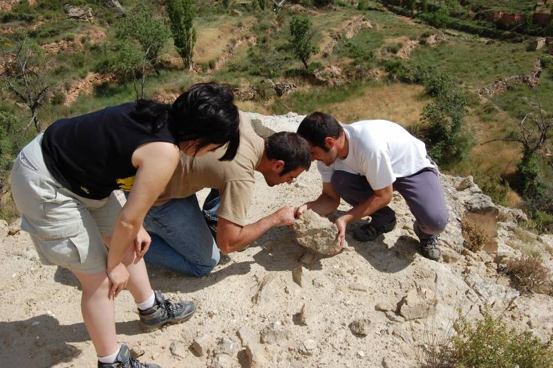 Sandra, Paco y Eduardo buscando fósiles en uno de los yacimientos.