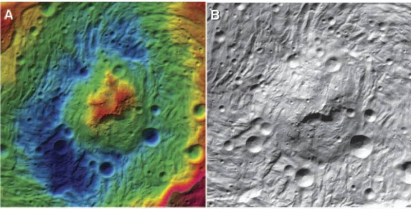 Detalle de la depresión de Rheasilvia, situada en el hemisferio sur de Vesta. Imagen: Science/AAAS 