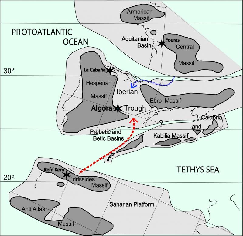Mapa paleogeográfico con la situación del yacimiento durante el Cenomaniense.