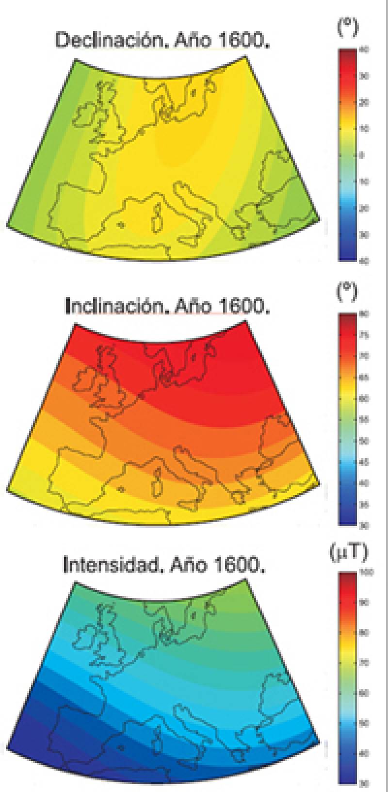 Mapas que muestran las componentes del campo magnético de la Tierra