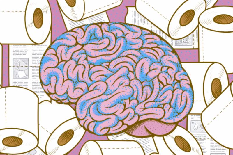Ilustración cerebro rodeado rollos papel higiénico con impresiones de periódico