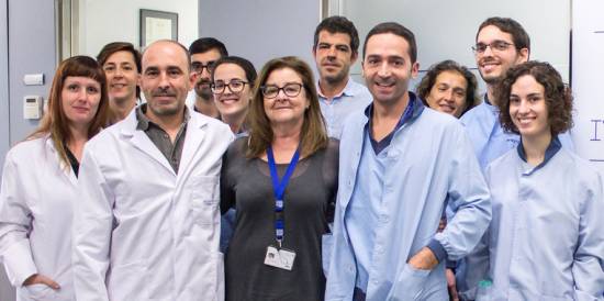 De izquierda a derecha, en primer plano: Jesús González, Gloria Calderón y Nuno Costa-Borges con el equipo de Embryotools y la Animal Facility Alliance del PCB-PRBB que participó en el ensayo. / PCB