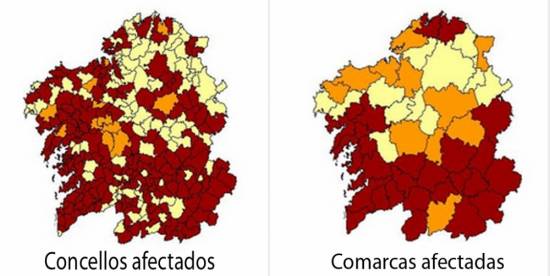 Resultados a partir de concentraciones de 200Bq/m3. Amarillo claro <5%, amarillo oscuro entre 5% y 10%, rojo >10%