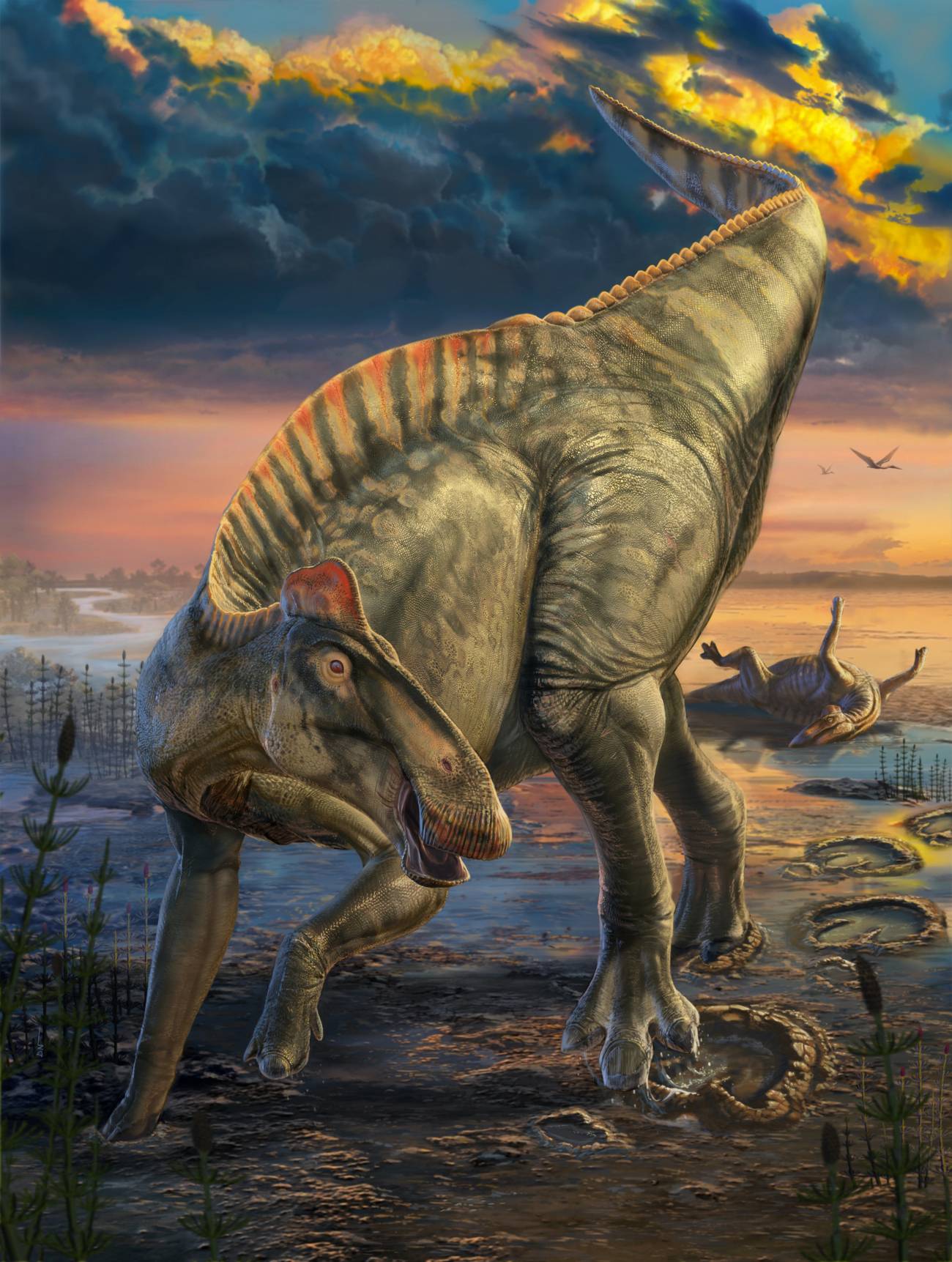 Reconstrucción de una escena de hace unos 66 millones de años que muestra al dinosaurio con pico de pato. / Dani Navarro