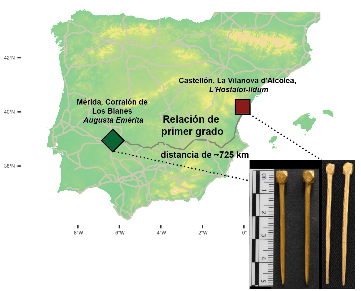 Fotografías de los alfileres de oro y de otros objetos funerarios asociados con Los Blanes (princesas suevas). Crédito: Museo Arqueológico de Mérida / Javier Heras.