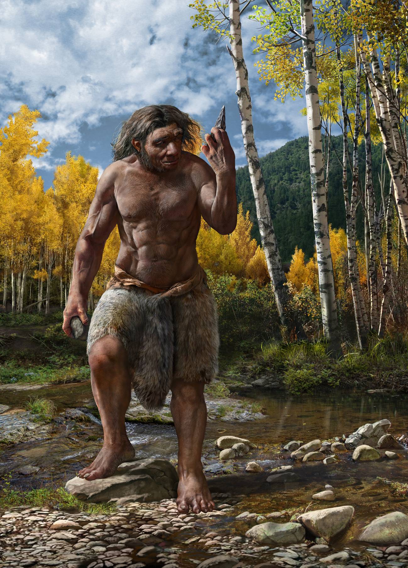 Reconstrucción ilustrada del Hombre Dragón en su hábitat.