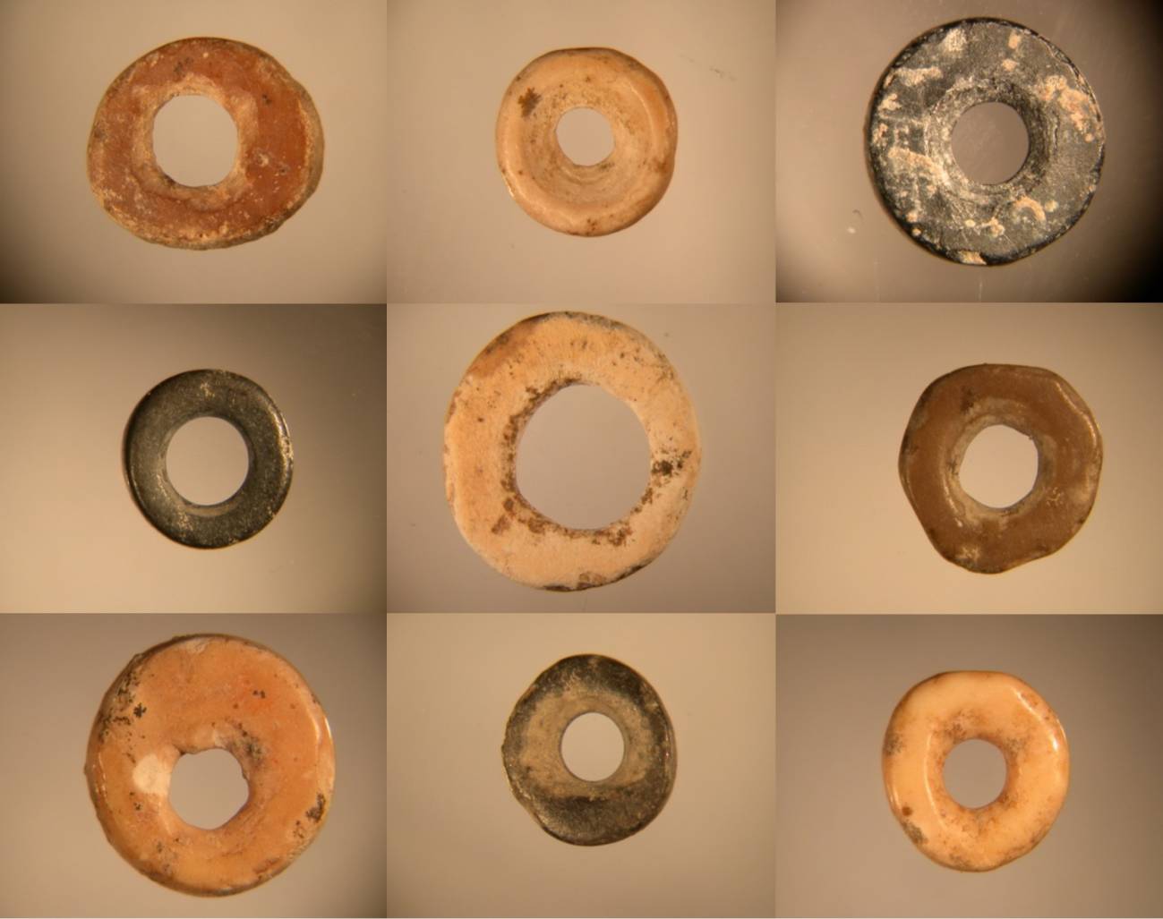 Imágenes de microscopio digital de cuentas arqueológicas de cáscara de huevo de avestruz. / Jennifer Miller