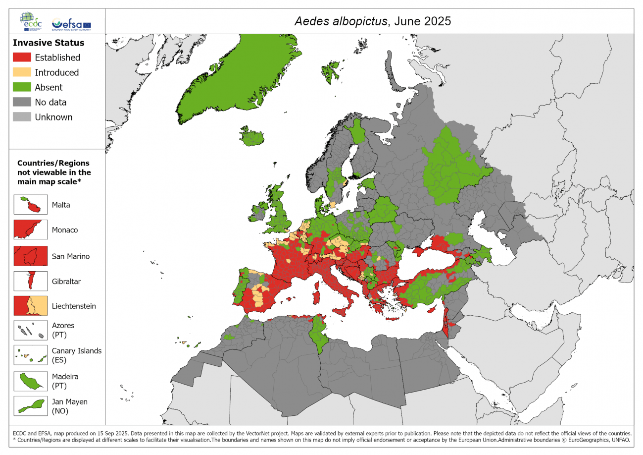 Mapa de expansión del mosquito. / Centro Europeo para la Prevención y el Control de las Enfermedades y Autoridad Europea de Seguridad Alimentaria