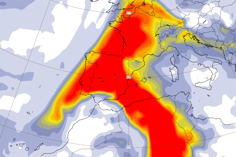 Un mapa de la península que muestra los aerosoloes en suspensión.