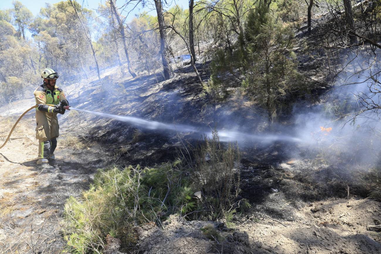 Bomberos trabajan en el incendio forestal de Leciñena (Zaragoza). / EFE/ Javier Cebollada