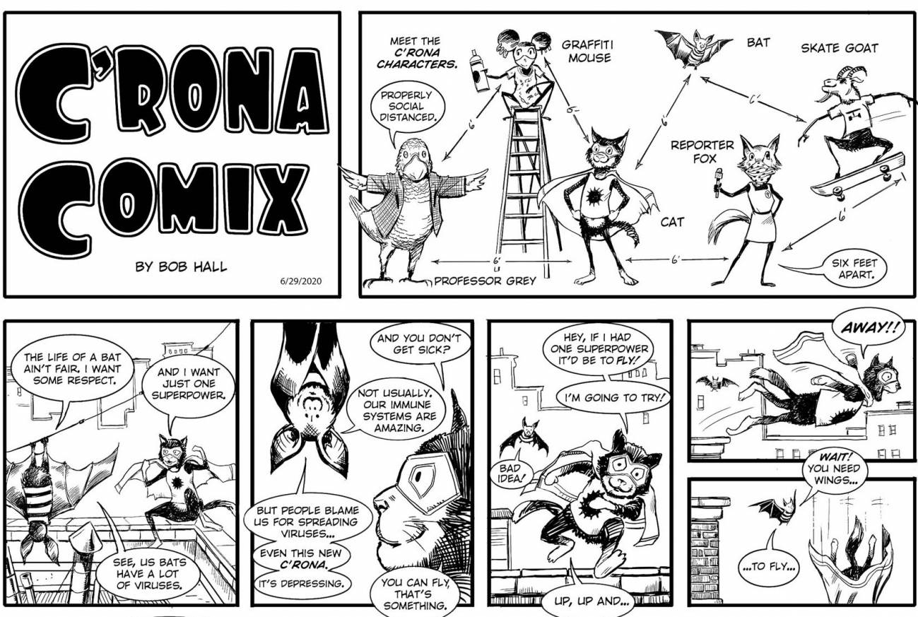 Fragmento de la primera entrega del cómic sobre COVID-19. / © Bob Hall (Museo Estatal de la Universidad de Nebraska)