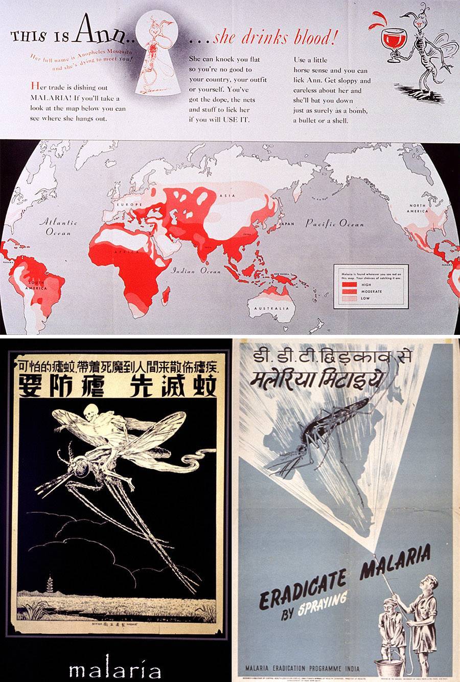 Campañas de prevención contra la malaria realizada para el Ejército de EE UU por el artista Dr. Seuss en 1943 (arriba) y otras en China e India (abajo). / National Library of Medicine