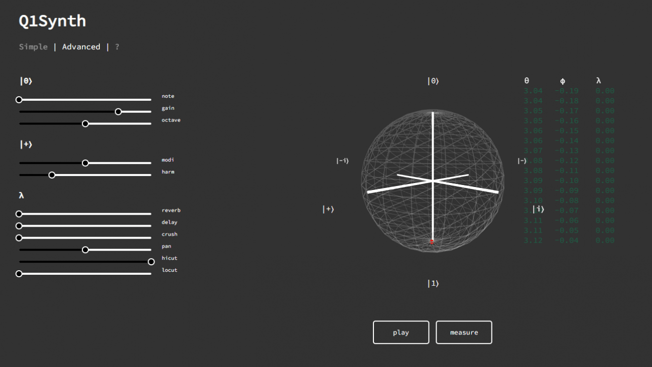 Captura de pantalla del sistema Q1Synth. Se ve una esfera y varias variables con las que jugar para saber a qué suena un cúbit.