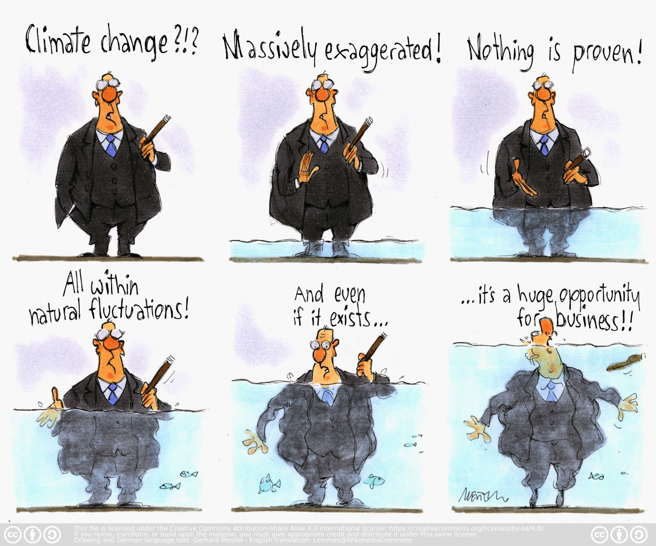 Una viñeta del caricaturista alemán Gerhard Mester sobre el negocio del cambio climático. / Imagen de Lommes a través de Wikimedia Commons (CC BY-SA 4.0)