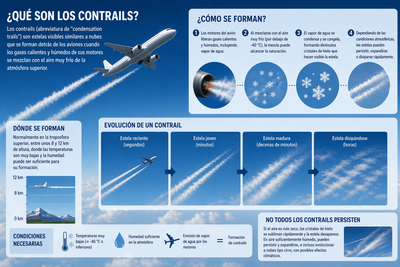 Esquema de la formación de estelas de condensación (contrails). / Imagen generada por IA