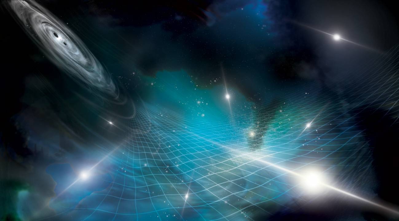 Dos agujeros negros supermasivos (arriba a la izquierda) emiten ondas gravitacionales que ondulan el tejido del espacio-tiempo. / Aurore Simonnet/NANOGrav