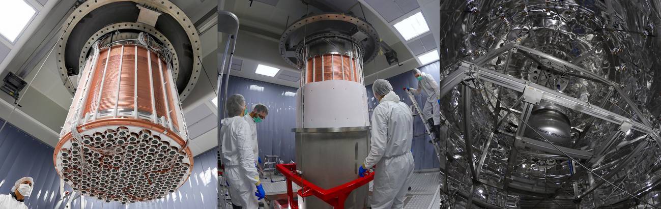 Dos momentos de la construcción del detector XENON1T e interior del tanque. / Colaboración XENON