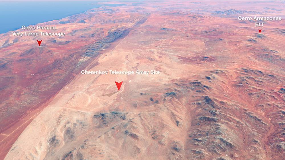 En apenas 20 km se concentran el observatorio de Paranal (con el telescopio VLT), el ELT en construcción y el lugar donde estará el futuro telescopio de muy altas energías CTA. / ESO-CTAO-M. Kornmesser
