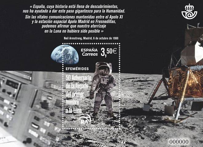 En 2019 Correos ha presentado el sello '50 aniversario de la llegada del primer hombre a la Luna', en el que Grandela también ha colaborado. / Correos