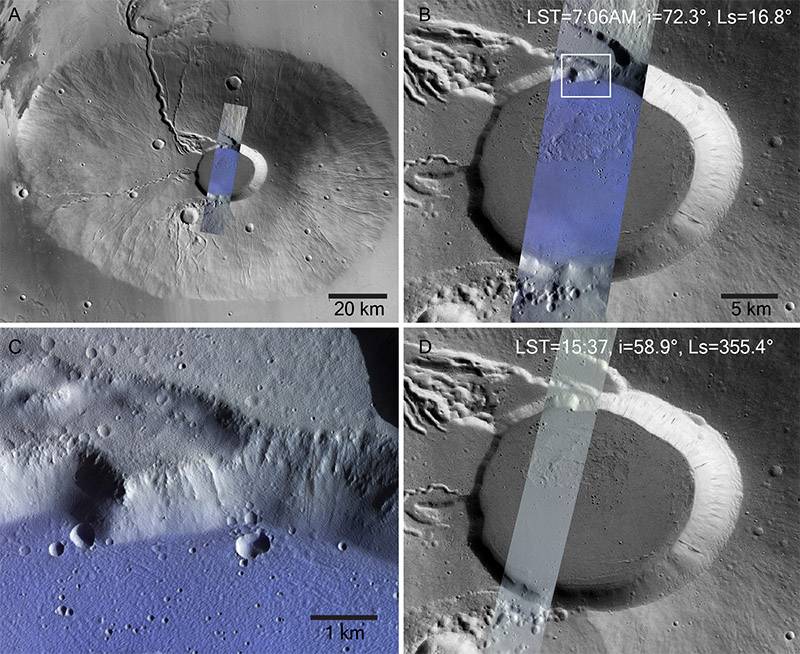 Escarcha en la caldera del volcán Ceraunius Tholus captada por el instrumento CaSSIS (a-c). No se observa escarcha por la tarde (d). / Adomas Valantinas