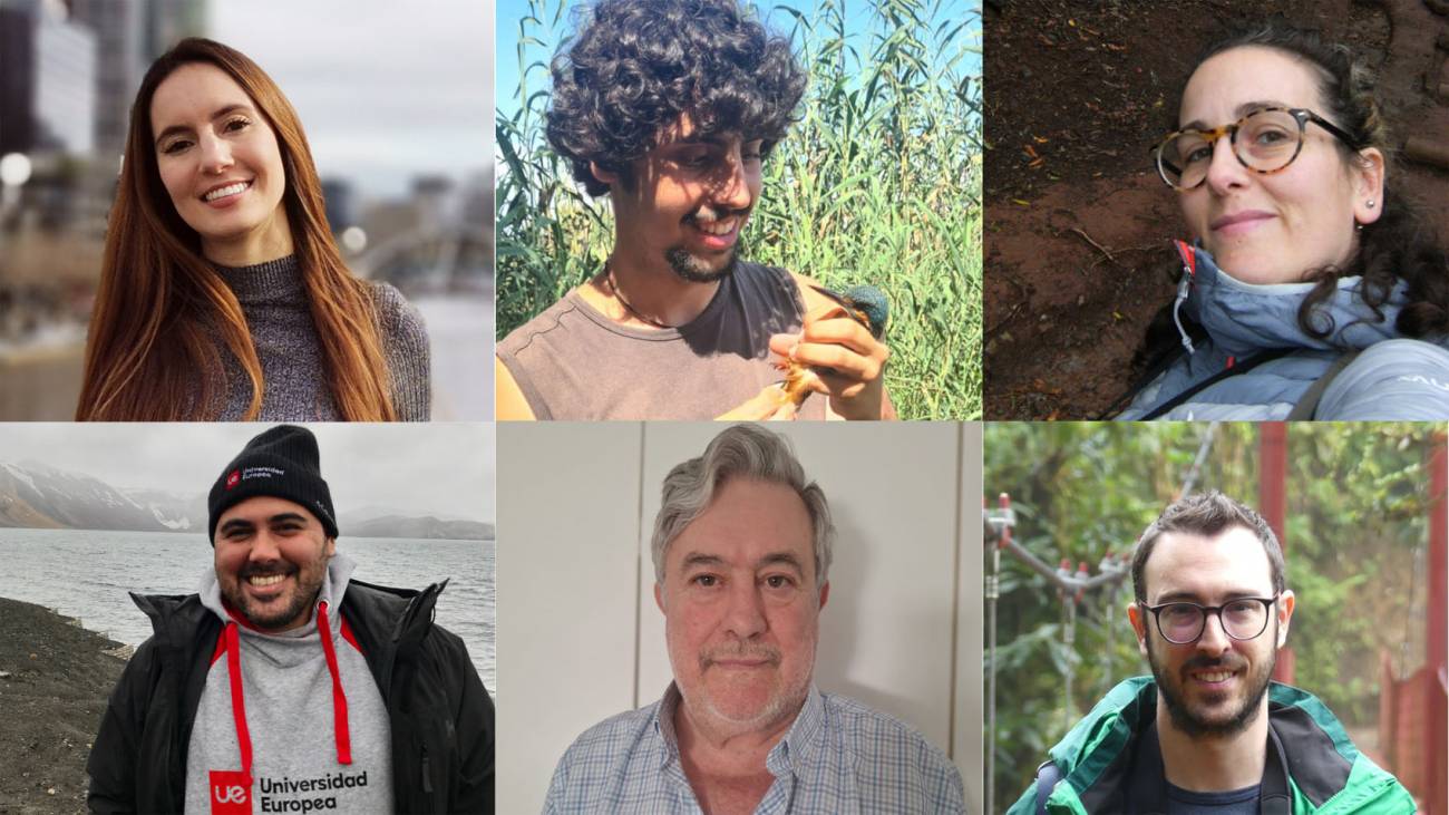 (De izquierda a derecha). María José Espinoza, Iván Labiada, Aina Taberner. Debajo: Álvaro Luna, José A. Gil Delgado, Edgar Bernat-Ponce. / UV