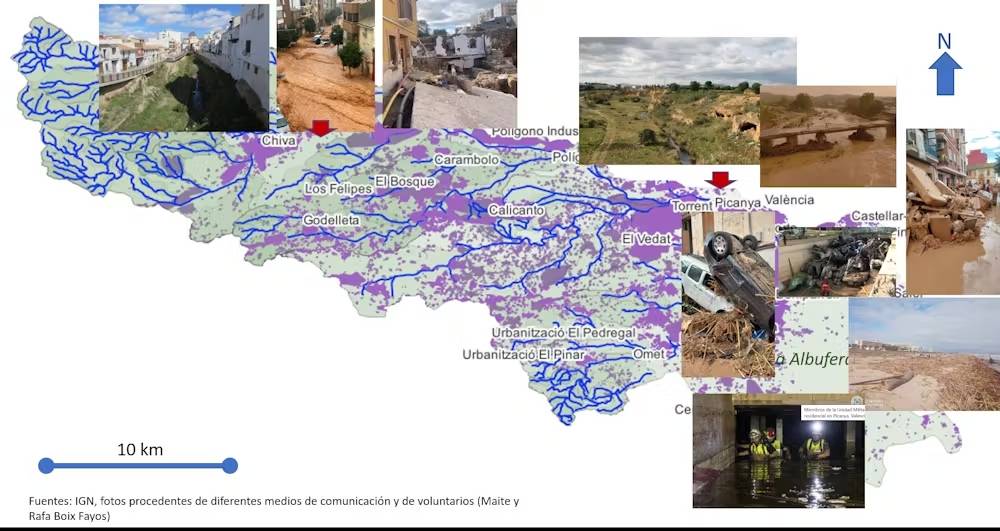 Daños en distintas partes de la cuenca tras la dana del 29 de octubre (fotos) y superficies impermeabilizadas (en violeta). / Los autores, a partir de datos del IGN, fotos de los medios de comunicación y de voluntarios (Rafael y Maite Boix Fayos), CC BY-SA