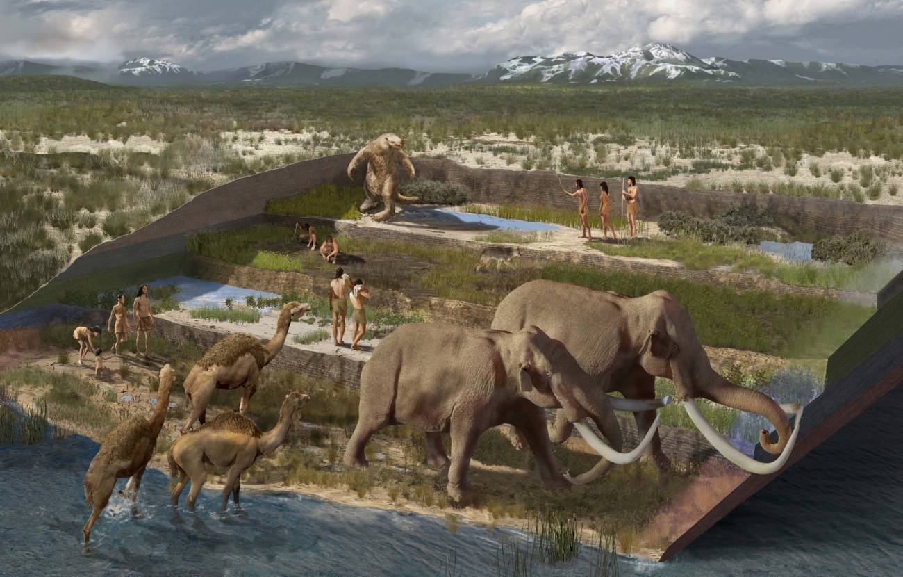 Ilustración del yacimiento estudiado durante el Último Máximo Glacial que muestra la coexistencia de humanos y megafauna a lo largo del tiempo. / Karen Carr / National Park Service