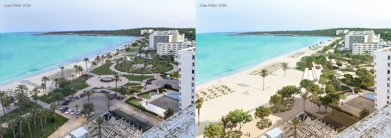Cala Millor en Mallorca en la actualidad y simulación de adaptación para 2050. / Landlab