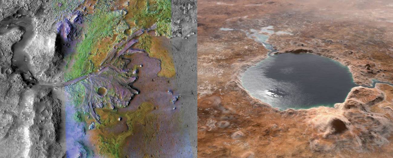 Imagen real de un antiguo delta del cráter Jezero captado por el Mars Reconnaissance Orbiter de la NASA y recreación del lago que pudo cubrir este cráter hace miles de millones de años, con entrada y salida de agua. / NASA/JPL-Caltech/ASU