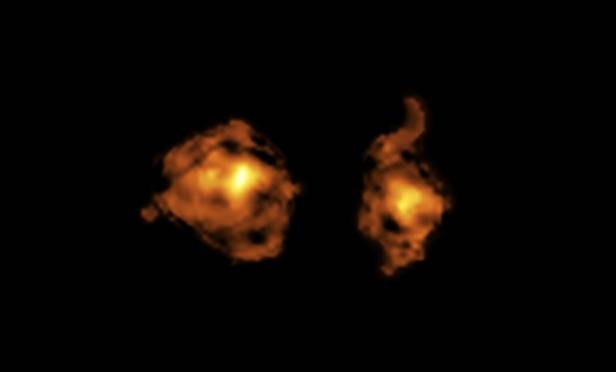 Imagen real del contenido de gas molecular de dos galaxias involucradas en una colisión cósmica ALMA (ESO/NAOJ/NRAO) | S. Balashev and P. Noterdaeme et al.