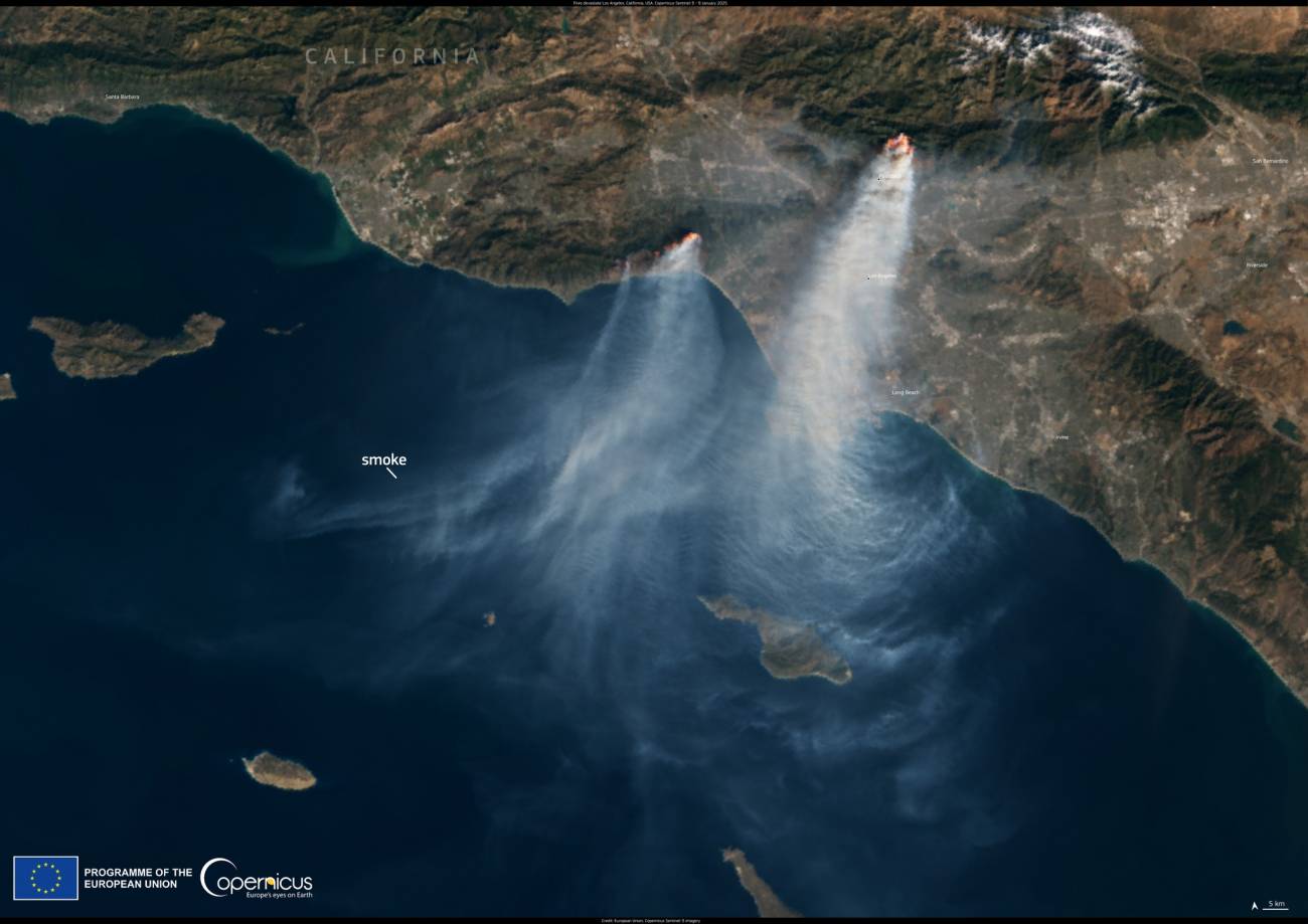 Imagen de Sentinel-3 de Copernicus, tomada el 9 de enero de 2025, se pueden ver los incendios forestales que arden en Los Ángeles. / Copernicus