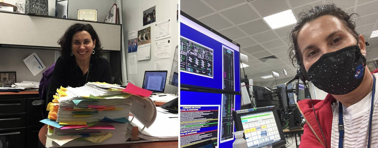 La ingeniera con uno de los muchos documentos que utilizaba para las pruebas y trabajando en un centro de control (en este caso un selfi desde la Guayana Francesa). / NASA